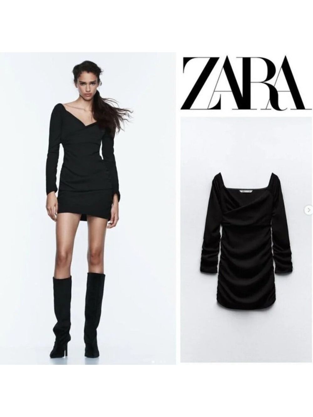 Zara black V-neck long sleeve ruched gathered mini dress bodycon cocktail S NWOT